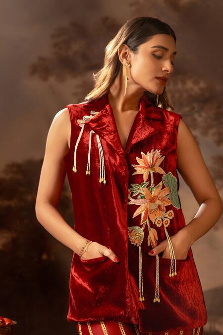 Buy_Soup By Sougat Paul_Red Chanderi, Velvet, Satin Tassels Embellished Blazer And Striped Pant Set _Online_at_Aza_Fashions