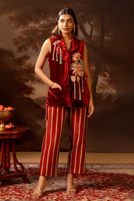 Soup by Sougat Paul Embellished Red Blazer & Striped Pant Set 