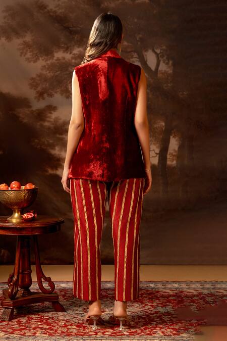 Shop_Soup By Sougat Paul_Red Chanderi, Velvet, Satin Tassels Embellished Blazer And Striped Pant Set _at_Aza_Fashions