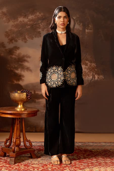 Soup By Sougat Paul Black Velvet Geometric Applique Blazer Set 