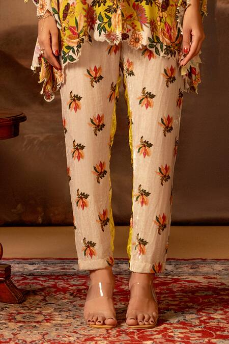 Soup By Sougat Paul_Beige Velvet, Cotton Embroidery, Sequins Floral Embellished Shirt And Pant Set _Online_at_Aza_Fashions