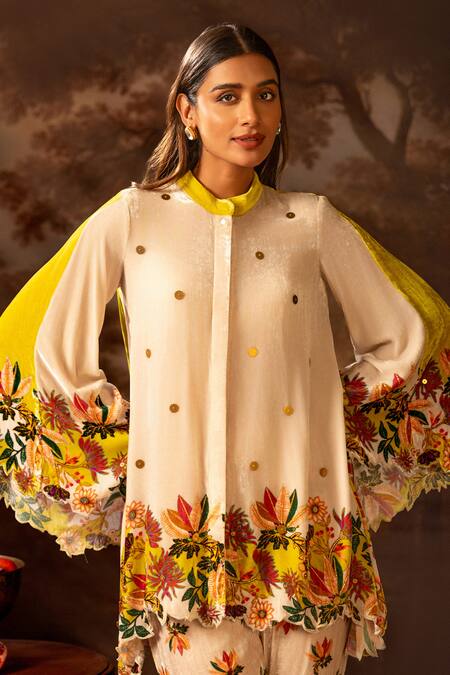 Buy_Soup By Sougat Paul_Beige Velvet, Cotton Embroidery, Sequins Floral Embellished Shirt And Pant Set _Online_at_Aza_Fashions