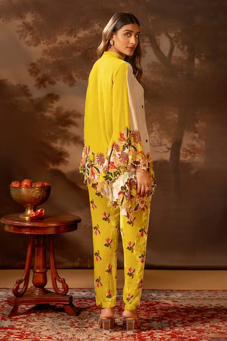 Shop_Soup By Sougat Paul_Beige Velvet, Cotton Embroidery, Sequins Floral Embellished Shirt And Pant Set _at_Aza_Fashions