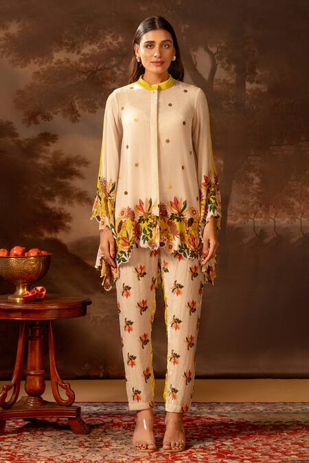 Shop_Soup By Sougat Paul_Beige Velvet, Cotton Embroidery, Sequins Floral Embellished Shirt And Pant Set _Online_at_Aza_Fashions