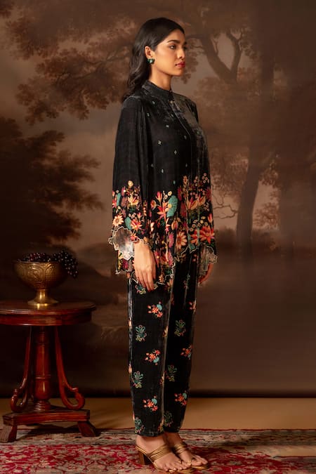 Soup By Sougat Paul_Black Velvet Embroidery, Sequins Bandeau Neck Floral Embellished Pant Set _Online_at_Aza_Fashions
