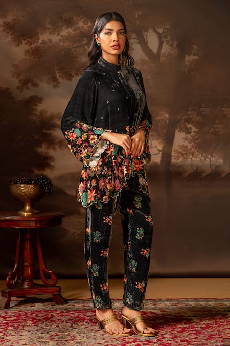 Soup by Sougat Paul Black Floral Sequin Embellished Pant Set 