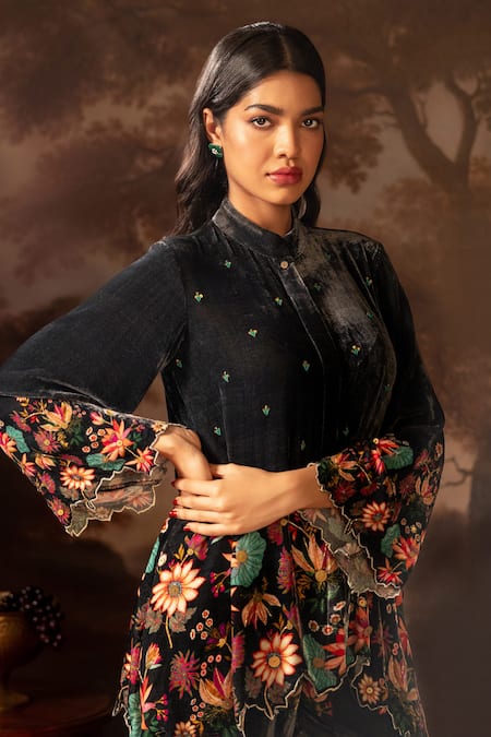 Buy_Soup By Sougat Paul_Black Velvet Embroidery, Sequins Bandeau Neck Floral Embellished Pant Set _Online_at_Aza_Fashions