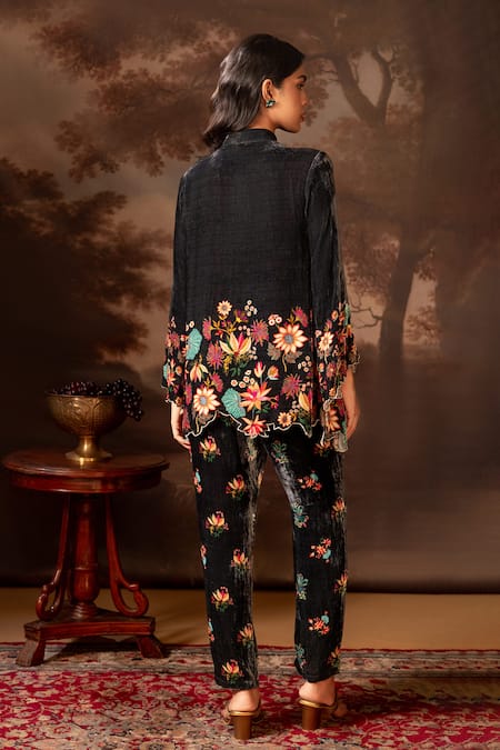 Shop_Soup By Sougat Paul_Black Velvet Embroidery, Sequins Bandeau Neck Floral Embellished Pant Set _at_Aza_Fashions