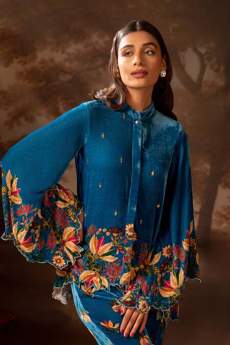 Soup By Sougat Paul_Blue Velvet Embroidery, Sequins Bandeau Neck Floral Print Shirt And Pant Set _Online_at_Aza_Fashions