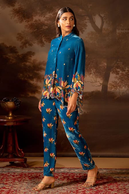 Shop_Soup By Sougat Paul_Blue Velvet Embroidery, Sequins Bandeau Neck Floral Print Shirt And Pant Set _Online_at_Aza_Fashions