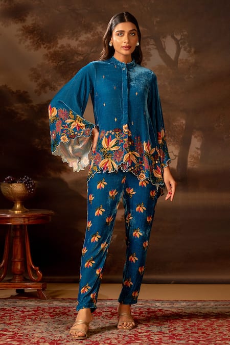 Soup by Sougat Paul Blue Floral Print Velvet Shirt & Pant Set 