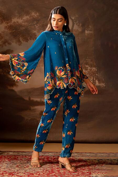 Buy_Soup By Sougat Paul_Blue Velvet Embroidery, Sequins Bandeau Neck Floral Print Shirt And Pant Set 