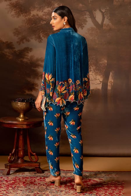 Shop_Soup By Sougat Paul_Blue Velvet Embroidery, Sequins Bandeau Neck Floral Print Shirt And Pant Set _at_Aza_Fashions