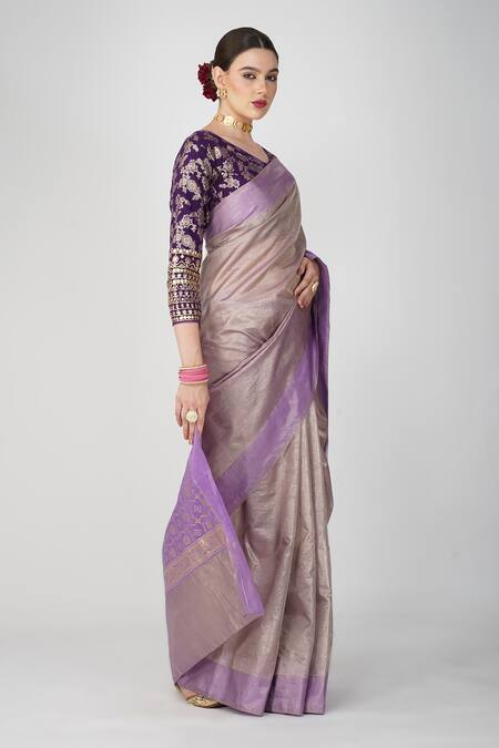 Zal From Benaras_Mauve Silk, Crepe Embroidery V-neck Botanical Motif Crushed Tissue Saree_Online_at_Aza_Fashions