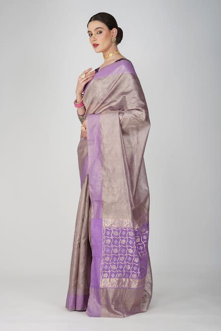 Buy_Zal From Benaras_Mauve Silk, Crepe Embroidery V-neck Botanical Motif Crushed Tissue Saree_Online_at_Aza_Fashions