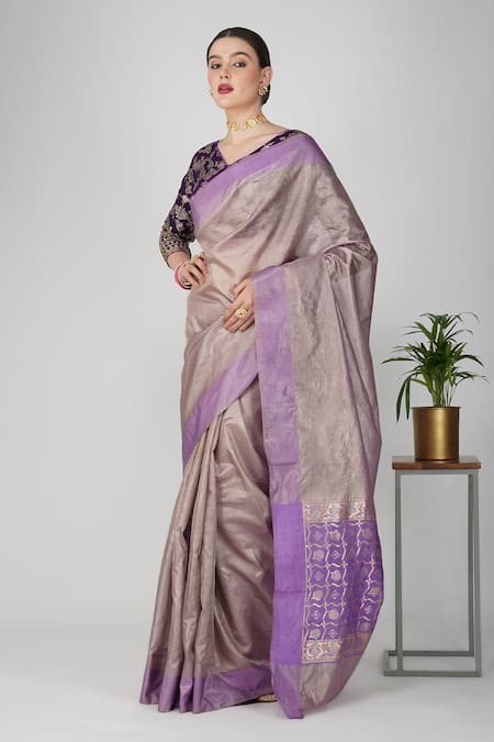 Zal From Benaras Botanical Motif Crushed Tissue Silk Saree 