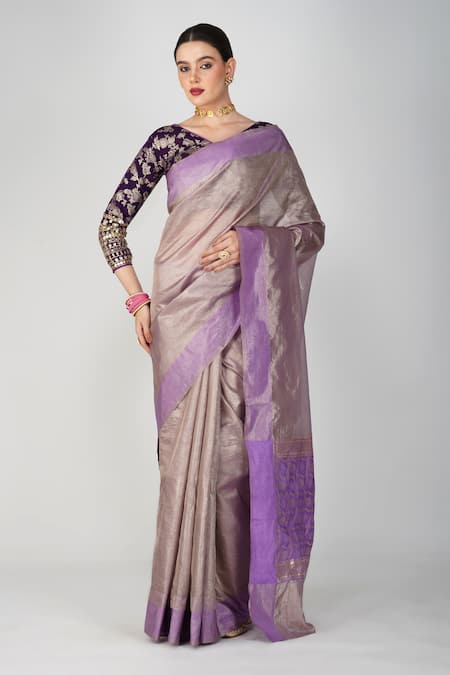 Shop_Zal From Benaras_Mauve Silk, Crepe Embroidery V-neck Botanical Motif Crushed Tissue Saree_Online_at_Aza_Fashions