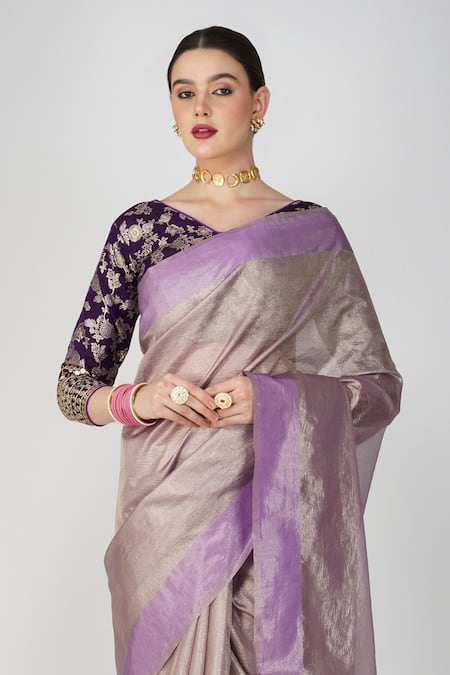 Zal From Benaras_Mauve Silk, Crepe Embroidery V-neck Botanical Motif Crushed Tissue Saree_at_Aza_Fashions