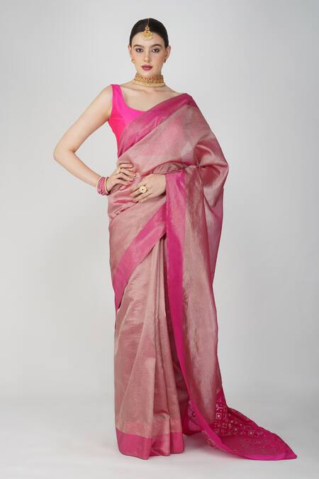 Zal From Benaras Pink Silk, Crepe Embroidery Round Neck Geometric Hand Woven Pallu Saree Online at Aza Fashions Zal From Benaras_Pink Silk, Crepe Embroidery Round Neck Geometric Hand Woven Pallu Saree_Online_at_Aza_Fashions