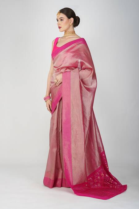 Shop Zal From Benaras Pink Silk, Crepe Embroidery Round Neck Geometric Hand Woven Pallu Saree Online at Aza Fashions Shop_Zal From Benaras_Pink Silk, Crepe Embroidery Round Neck Geometric Hand Woven Pallu Saree_Online_at_Aza_Fashions