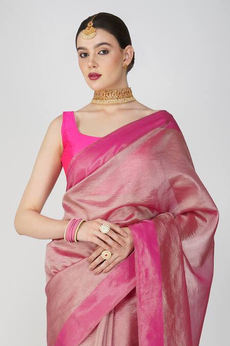 Buy Zal From Benaras Pink Silk, Crepe Embroidery Round Neck Geometric Hand Woven Pallu Saree Buy_Zal From Benaras_Pink Silk, Crepe Embroidery Round Neck Geometric Hand Woven Pallu Saree