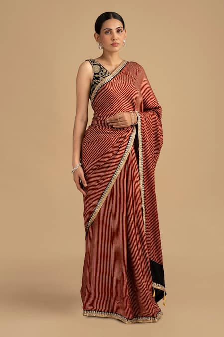 Zal From Benaras_Red Crepe, Silk Zari, Tassels, Bandhej Stripe Saree With Floral Blouse _Online_at_Aza_Fashions