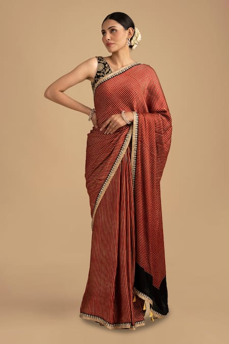 Buy_Zal From Benaras_Red Crepe, Silk Zari, Tassels, Bandhej Stripe Saree With Floral Blouse _Online_at_Aza_Fashions