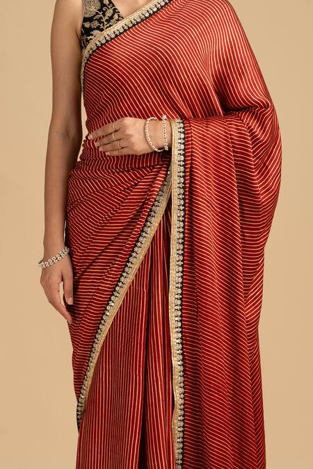 Buy_Zal From Benaras_Red Crepe, Silk Zari, Tassels, Bandhej Stripe Saree With Floral Blouse 