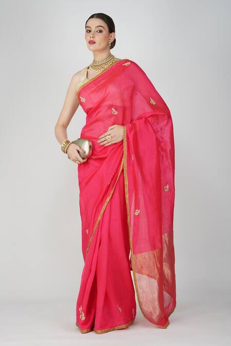 Zal From Benaras Pink Chanderi Silk Cut Work, Embroidery Cutdana Embellished Saree Online at Aza Fashions Zal From Benaras_Pink Chanderi Silk Cut Work, Embroidery Cutdana Embellished Saree _Online_at_Aza_Fashions