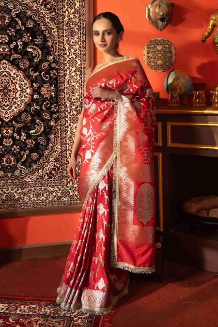 Zal From Benaras Red Silk, Kota Doria Zari, Embroidery Designer Jangla Work Saree Online at Aza Fashions Zal From Benaras_Red Silk, Kota Doria Zari, Embroidery Designer Jangla Work Saree _Online_at_Aza_Fashions