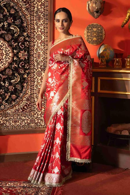 Buy Zal From Benaras Red Silk, Kota Doria Zari, Embroidery Designer Jangla Work Saree Online at Aza Fashions Buy_Zal From Benaras_Red Silk, Kota Doria Zari, Embroidery Designer Jangla Work Saree _Online_at_Aza_Fashions