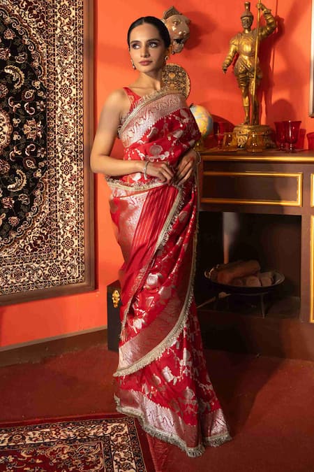 Shop Zal From Benaras Red Silk, Kota Doria Zari, Embroidery Designer Jangla Work Saree at Aza Fashions Shop_Zal From Benaras_Red Silk, Kota Doria Zari, Embroidery Designer Jangla Work Saree _at_Aza_Fashions