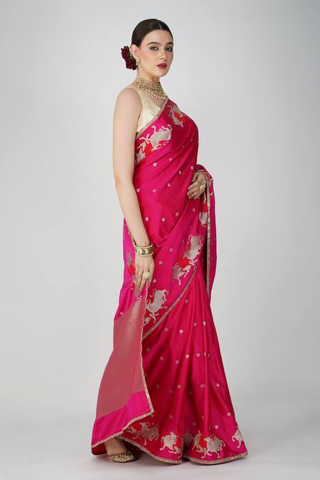 Zal From Benaras_Pink Silk, Kota Doria Zari, Botanical Motif Saree And Unstitched Blouse_Online_at_Aza_Fashions