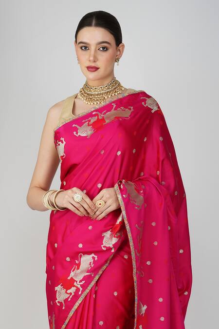 Buy_Zal From Benaras_Pink Silk, Kota Doria Zari, Botanical Motif Saree And Unstitched Blouse_Online_at_Aza_Fashions