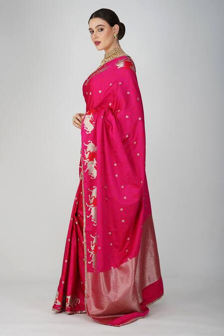 Shop_Zal From Benaras_Pink Silk, Kota Doria Zari, Botanical Motif Saree And Unstitched Blouse_Online_at_Aza_Fashions