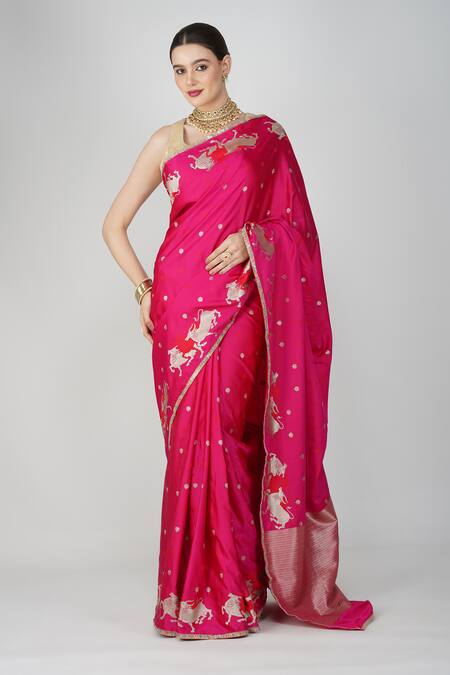 Zal From Benaras_Pink Silk, Kota Doria Zari, Botanical Motif Saree And Unstitched Blouse_at_Aza_Fashions