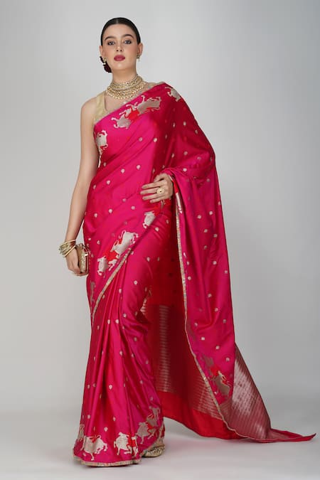 Zal From Benaras Botanical Motif Pink Saree & Unstitched Blouse 