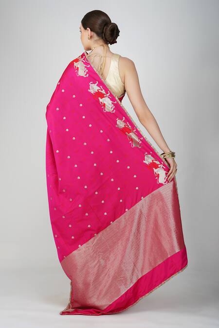 Shop_Zal From Benaras_Pink Silk, Kota Doria Zari, Botanical Motif Saree And Unstitched Blouse_at_Aza_Fashions