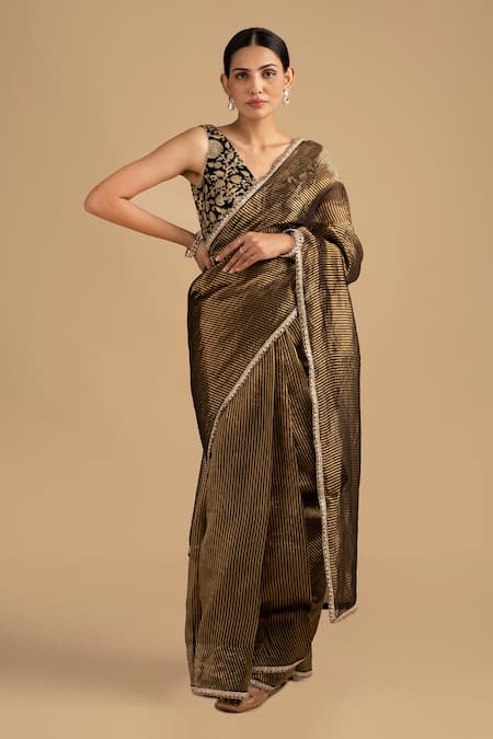 Zal From Benaras Black Hand Woven Stripe Saree & Floral Blouse 