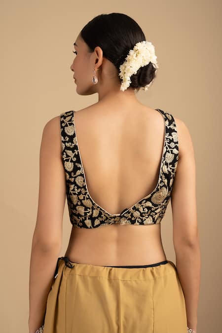 Zal From Benaras_Black Organza, Silk Zari, Embroidery Hand Woven Stripe Saree And Floral Blouse _Online_at_Aza_Fashions