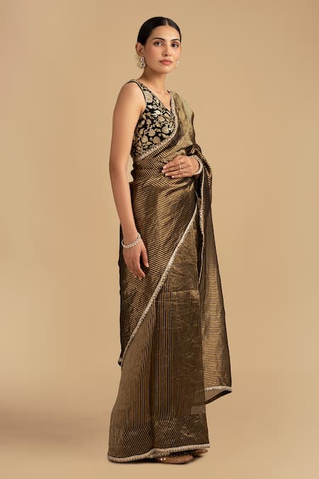Buy_Zal From Benaras_Black Organza, Silk Zari, Embroidery Hand Woven Stripe Saree And Floral Blouse _Online_at_Aza_Fashions