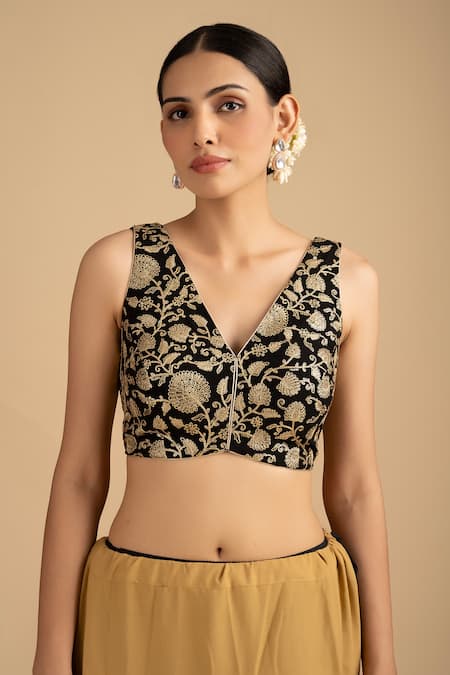 Shop_Zal From Benaras_Black Organza, Silk Zari, Embroidery Hand Woven Stripe Saree And Floral Blouse _Online_at_Aza_Fashions