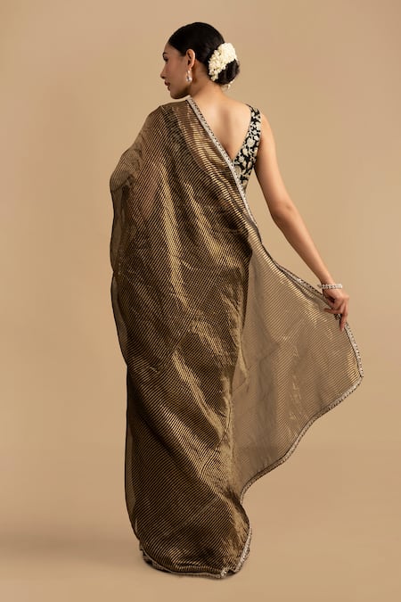 Shop_Zal From Benaras_Black Organza, Silk Zari, Embroidery Hand Woven Stripe Saree And Floral Blouse _at_Aza_Fashions