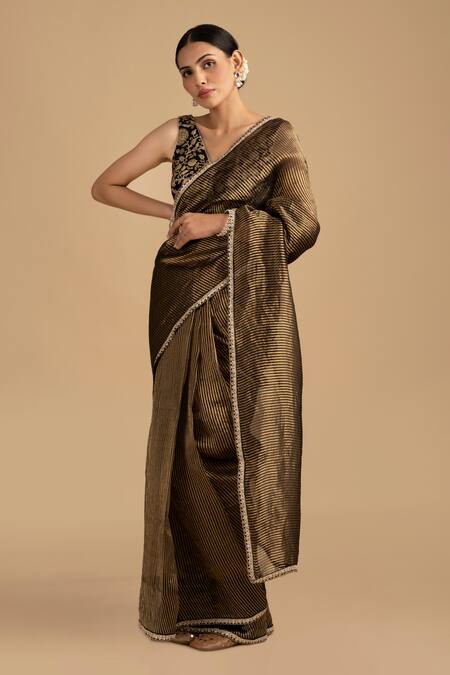 Zal From Benaras_Black Organza, Silk Zari, Embroidery Hand Woven Stripe Saree And Floral Blouse _at_Aza_Fashions