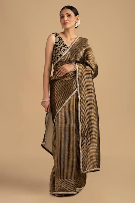 Buy_Zal From Benaras_Black Organza, Silk Zari, Embroidery Hand Woven Stripe Saree And Floral Blouse 