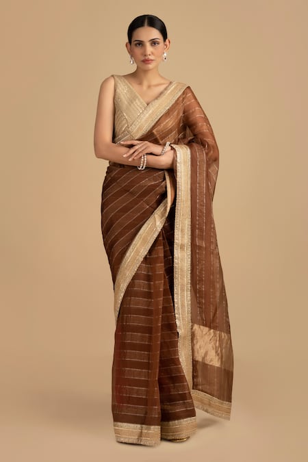 Zal From Benaras Hand Woven Stripe Saree With Embroidered Blouse 