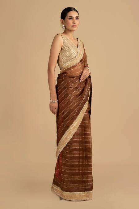 Shop Zal From Benaras Brown Silk, Tissue Zari, Sequins Hand Woven Stripe Saree With Embroidered Blouse Online at Aza Fashions Shop_Zal From Benaras_Brown Silk, Tissue Zari, Sequins Hand Woven Stripe Saree With Embroidered Blouse_Online_at_Aza_Fashions