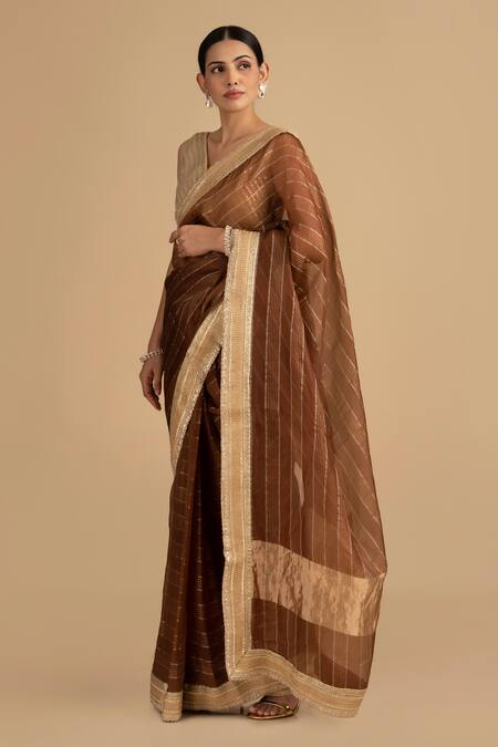 Zal From Benaras Brown Silk, Tissue Zari, Sequins Hand Woven Stripe Saree With Embroidered Blouse at Aza Fashions Zal From Benaras_Brown Silk, Tissue Zari, Sequins Hand Woven Stripe Saree With Embroidered Blouse_at_Aza_Fashions