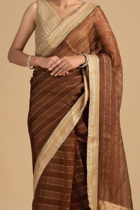 Buy Zal From Benaras Brown Silk, Tissue Zari, Sequins Hand Woven Stripe Saree With Embroidered Blouse Buy_Zal From Benaras_Brown Silk, Tissue Zari, Sequins Hand Woven Stripe Saree With Embroidered Blouse