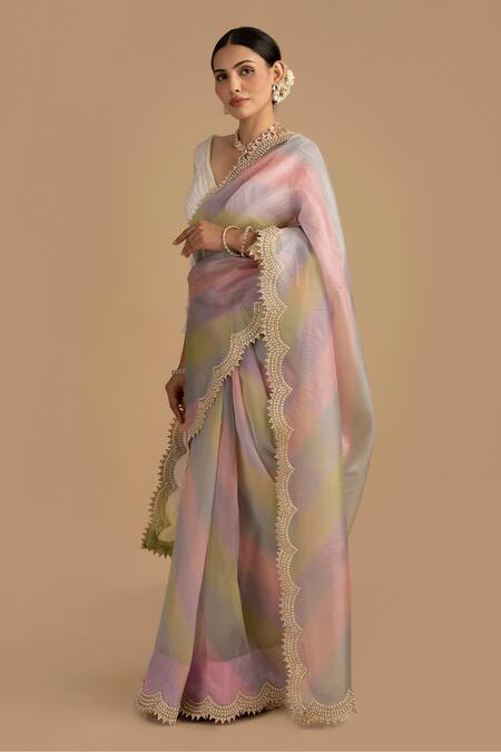 Zal From Benaras_White Silk, Organza Pearls, Cut Work Plunge Neck Embroidered Saree Set _Online_at_Aza_Fashions